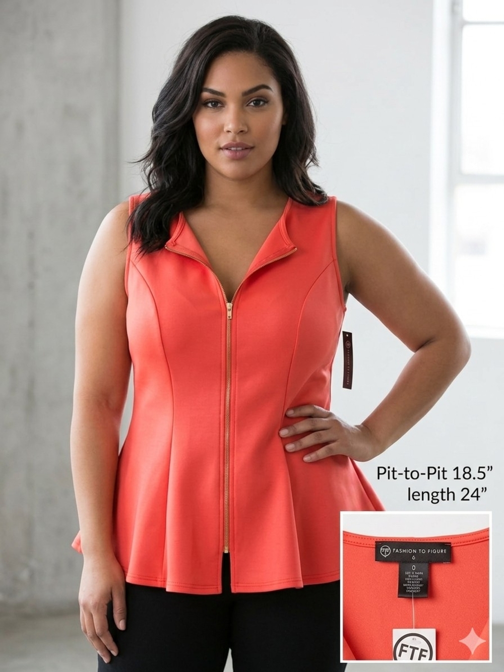 Fashion to Figure NWT Coral Pink Full Zip Peplum Top Plus Size XL 0 Sleeveless
